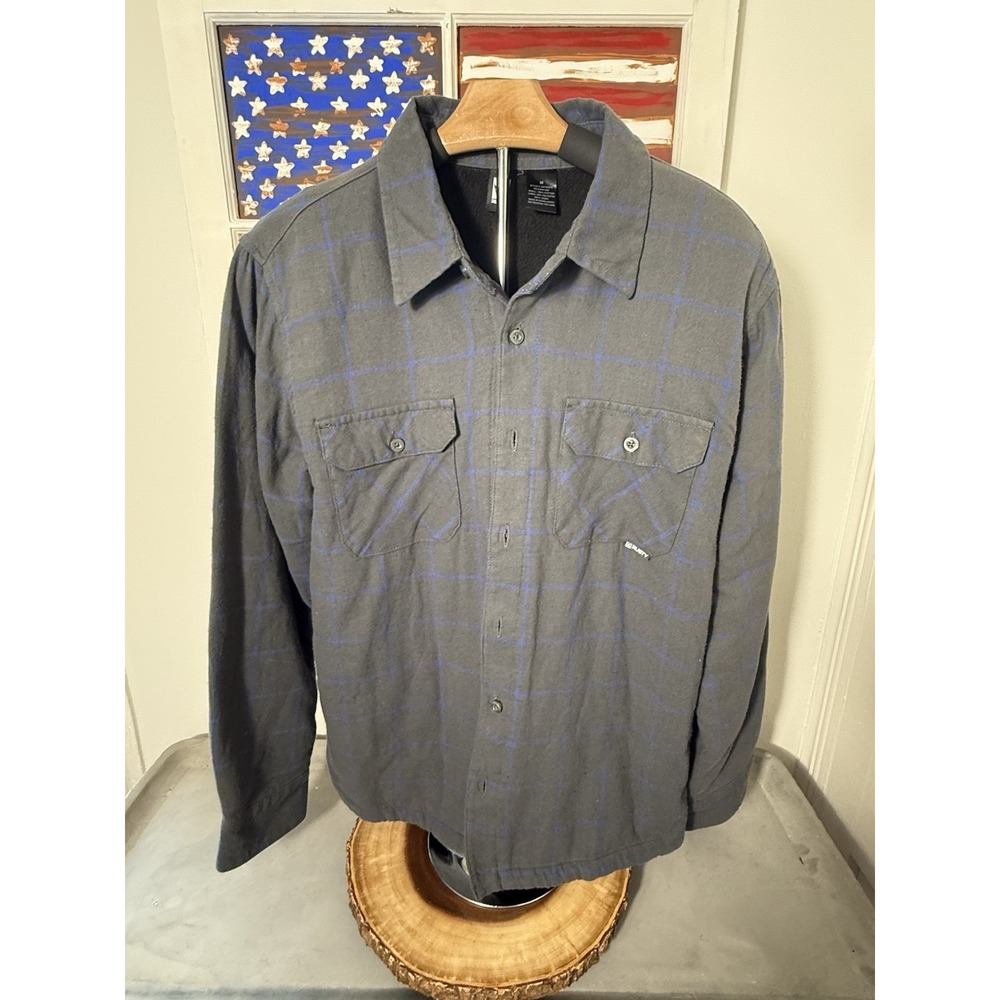Vintage Rusty Mens Gray Blue Plaid Flannel Shirt Jacket Fleece Lined Button Up M